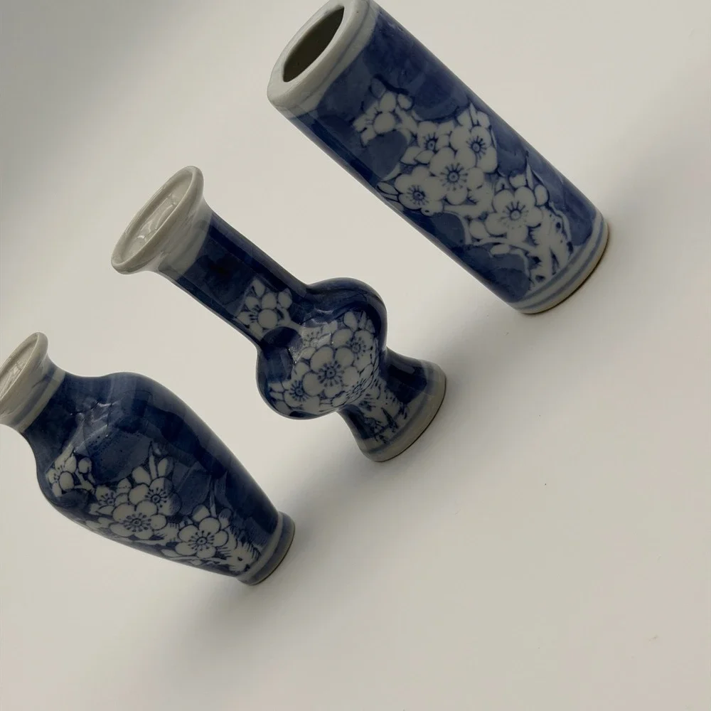 Set of 3 Blue and White Porcelain Miniature Bud Vases Cherry Blossom Floral